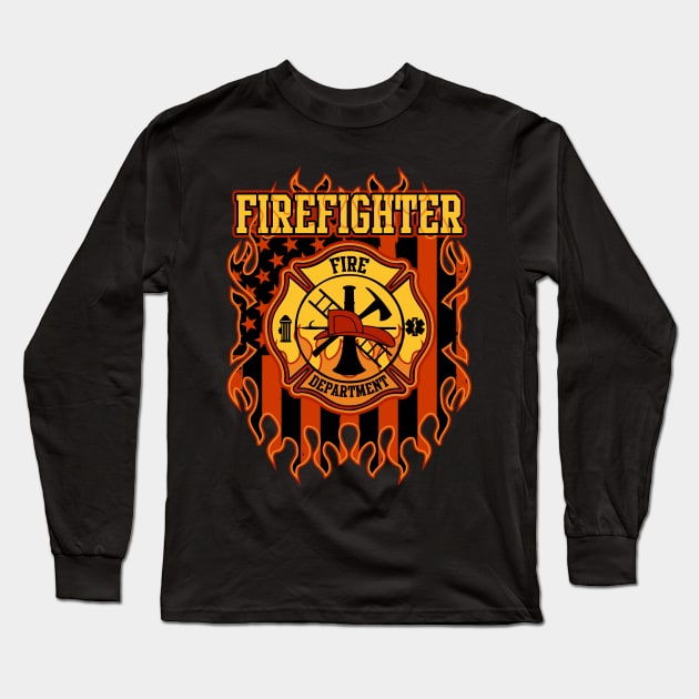 Fire Department Fire Badge and Flag Long Sleeve T-Shirt by RadStar